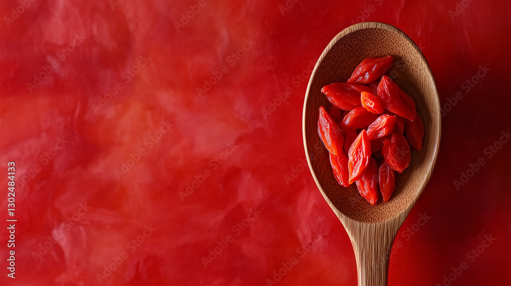 Fototapeta premium A wooden spoon filled with dried goji berries, symbolizing superfoods, antioxidants, biohacking, and natural nutrition for energy, immune support, and longevity.