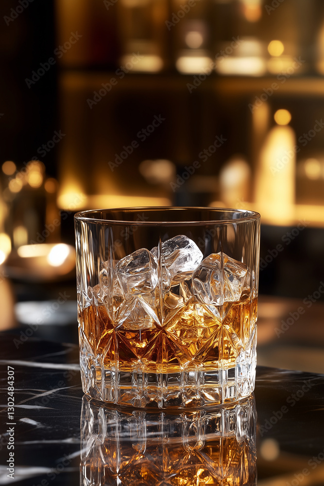 A crystal glass filled with whiskey and ice cubes on a reflective surface, illuminated by golden bar lights, creating a warm ambiance A crystal glass filled with whiskey and ice cubes on a reflective surface, illuminated by golden bar lights, creating a warm ambiance