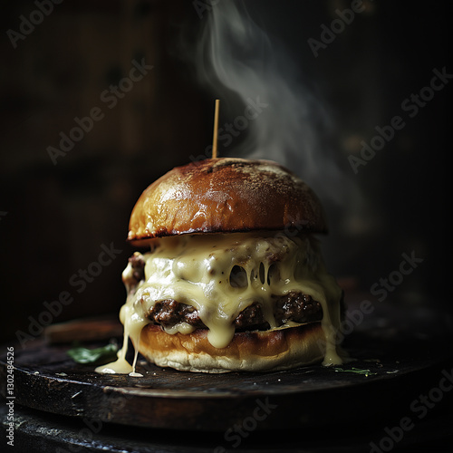 A steaming cheeseburger with melted cheese oozing down the sides, stacked on a wooden board, exudes rich and indulgent flavors.