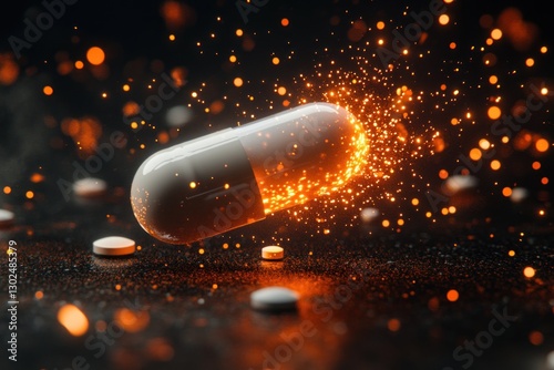 A white pill capsule bursts open, releasing glowing particles and surrounded by smaller pills illuminating the dark background