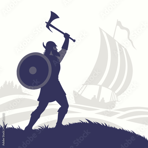 Viking Warrior with Axe and Shield Overlooking Ship