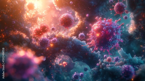Illustration of Tumor Microenvironment Featuring Cancer Cells, T-Cells, and Nanoparticles in Oncology Research