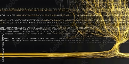 Golden Tree of Data: A digital tree with golden, flowing branches and a trunk composed of lines of code, representing the growth and interconnectedness of information in the modern world. 