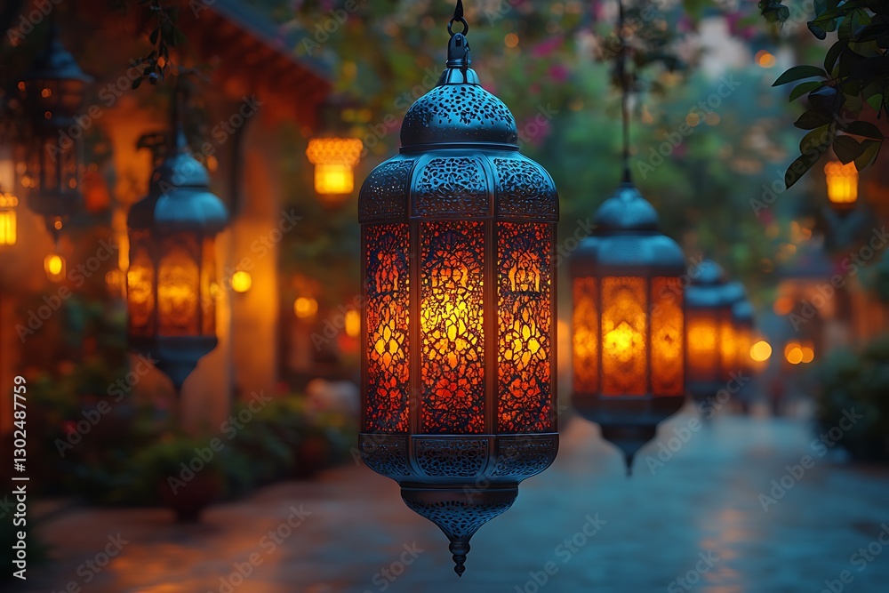 Fototapeta premium Warmly Glowing Lanterns Along Enchanted Pathway with Lush Greenery