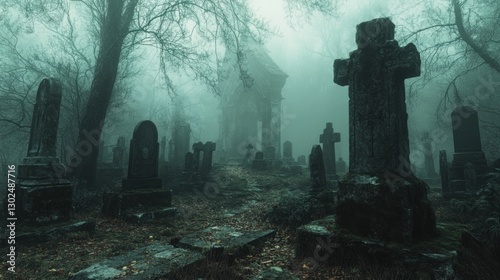 A thick fog blankets a cemetery showcasing weathered gravestones and a shadowy building among gnarled trees in a dim afternoon light photo