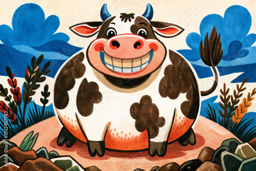 funny fat cow in savanna landscape abstract cartoon illustration