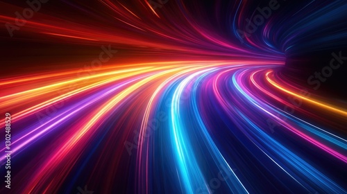 colorful long exposure picture of glowing trafffic light on curve road from full speed car. 