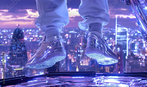 Futuristic Sneakers in Cityscape with Neon Lights at Dusk