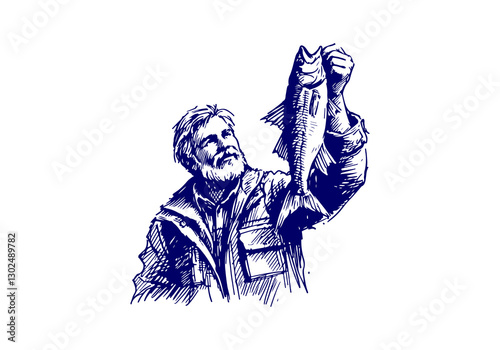 Fisherman hand drawn sketch illustration vector