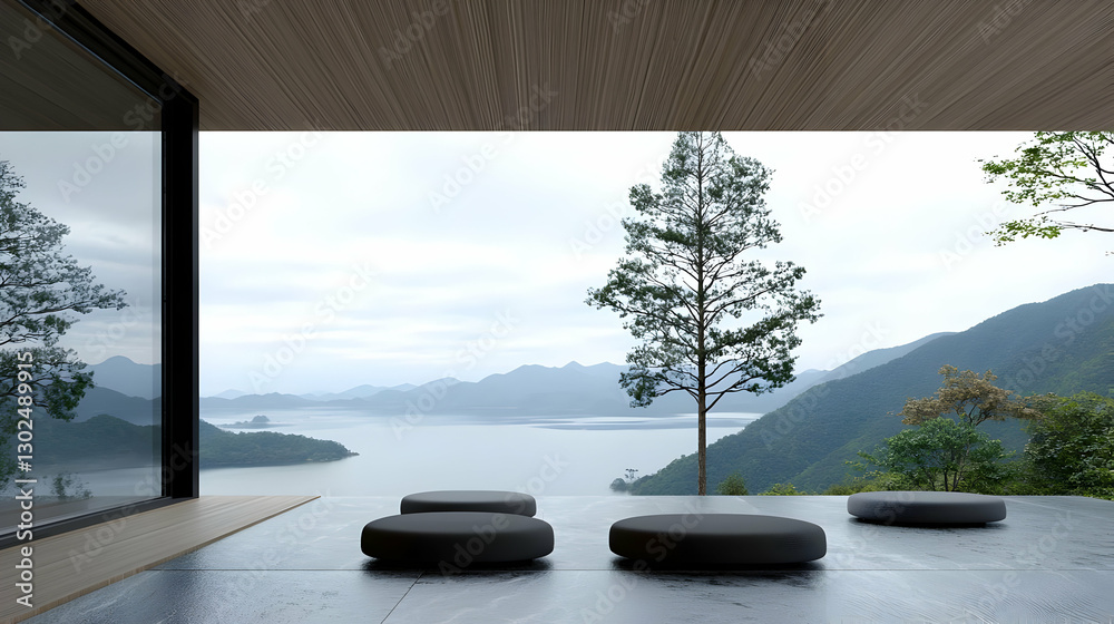 Fototapeta premium Serene Modern Living Space Overlooking Lake and Mountains