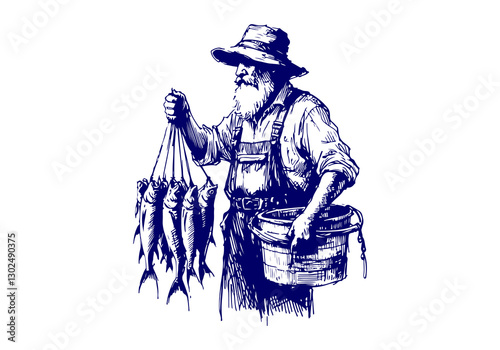 Fisherman hand drawn sketch illustration vector