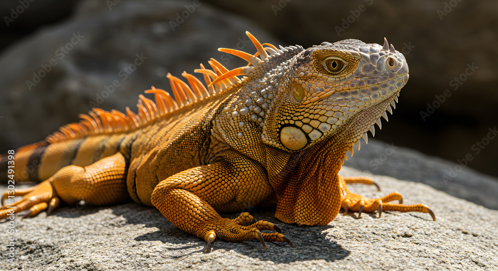 A vibrant orange iguana basks in the sunlight showcasing its intricate scales and powerful claws. The close-up captures the reptile's detailed texture and intense gaze  