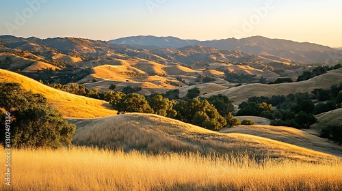 Picturesque golden hour illuminating rolling hills with vibrant colors scenery