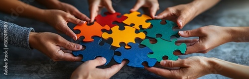 Interconnected Unity: Hands uniting to form a colorful puzzle, symbolizing teamwork, collaboration, and problem-solving, with a focus on diversity and inclusion.
