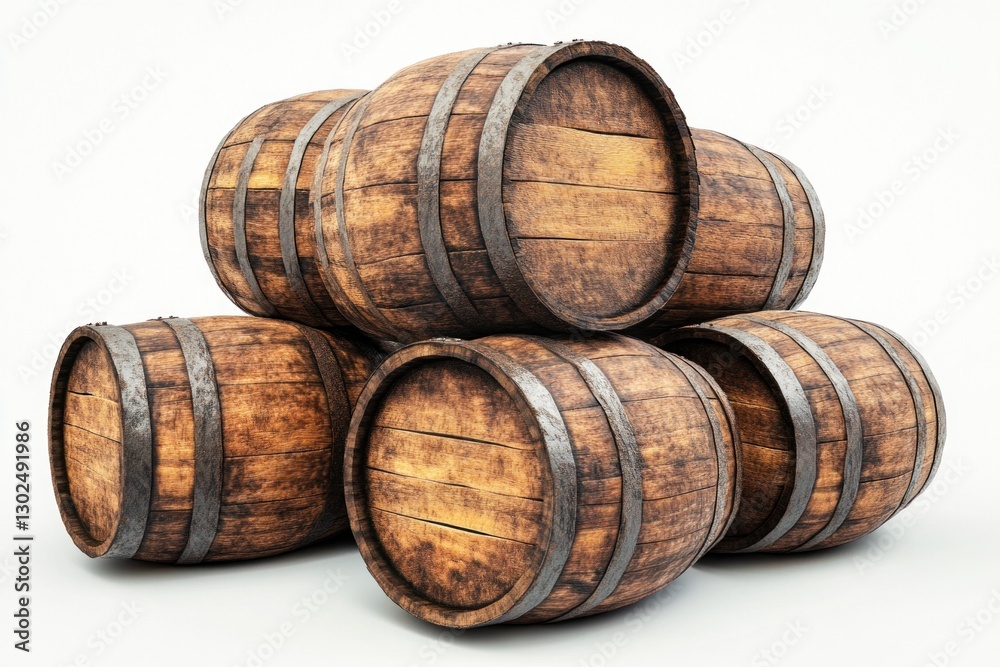 Stacked old wooden beer barrels showcase rustic beauty and craftsmanship against a simple white backdrop, emphasizing their aged texture Stacked old wooden beer barrels showcase rustic beauty and craftsmanship against a simple white backdrop, emphasizing their aged texture
