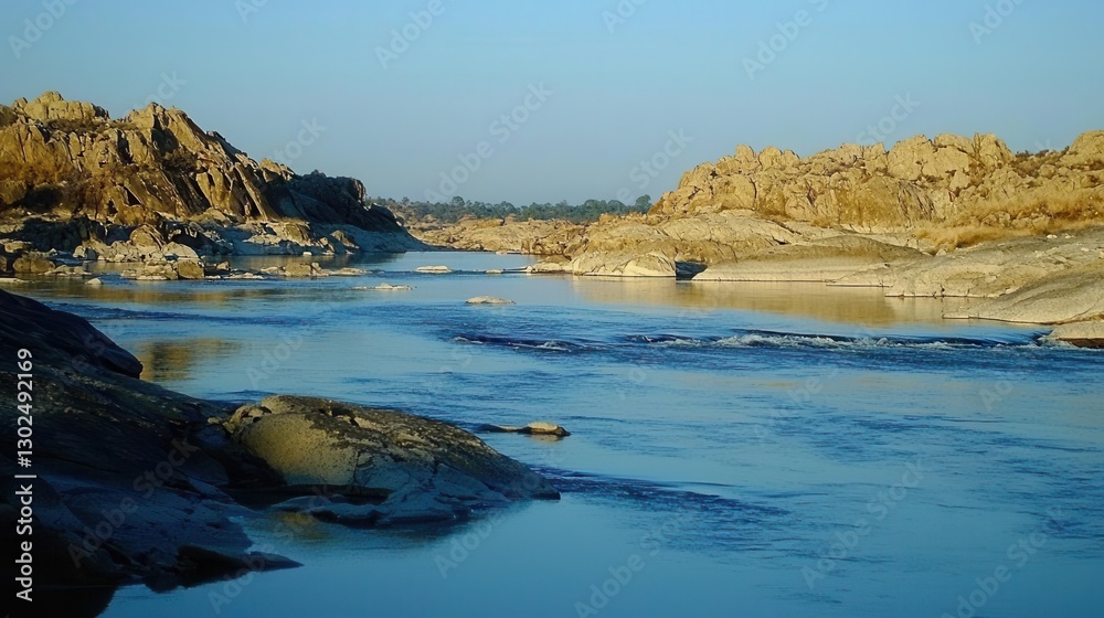 Fototapeta premium Serene River Flowing Through Rocky Landscape