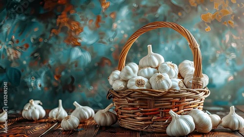 garlic in a wicker basket. Selective focus