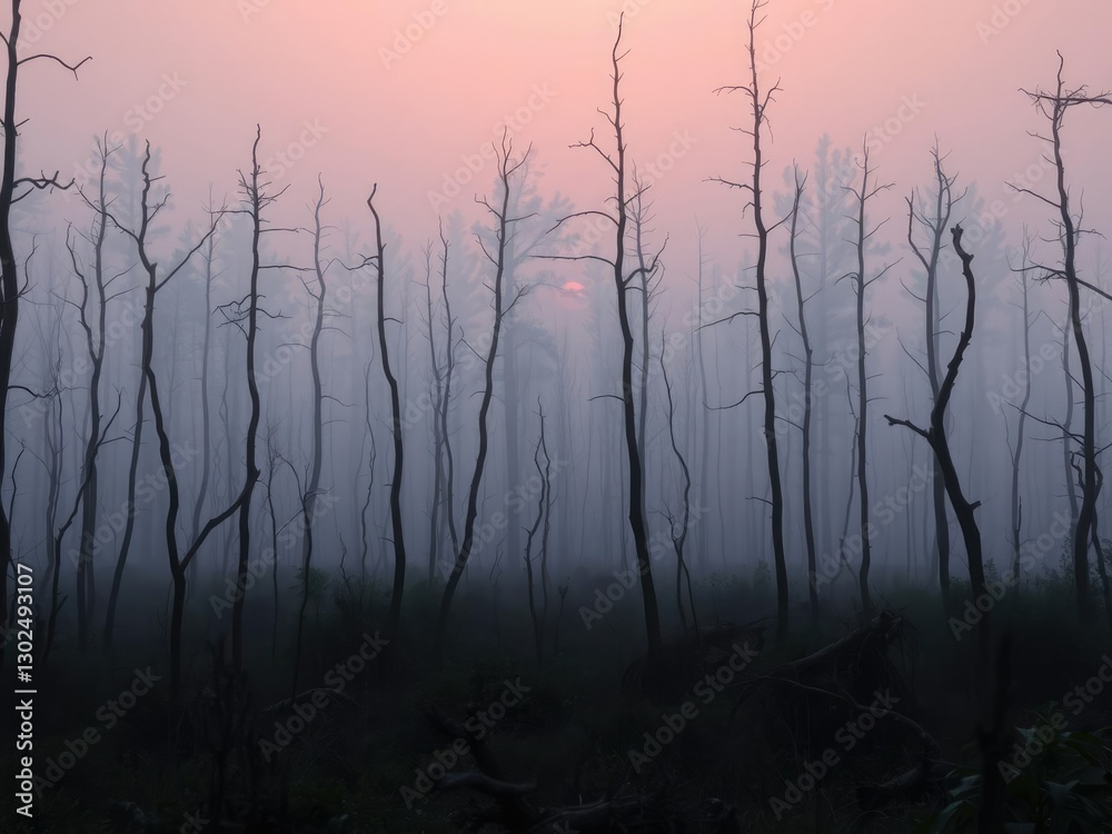 A misty dawn in a forest with dead trees and undergrowth, scenery, undergrowth A misty dawn in a forest with dead trees and undergrowth, scenery, undergrowth