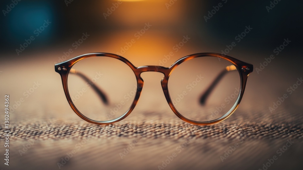 Brown glasses rest on a textured surface against a softly lit background, showcasing their stylish and vintage-inspired frame Brown glasses rest on a textured surface against a softly lit background, showcasing their stylish and vintage-inspired frame