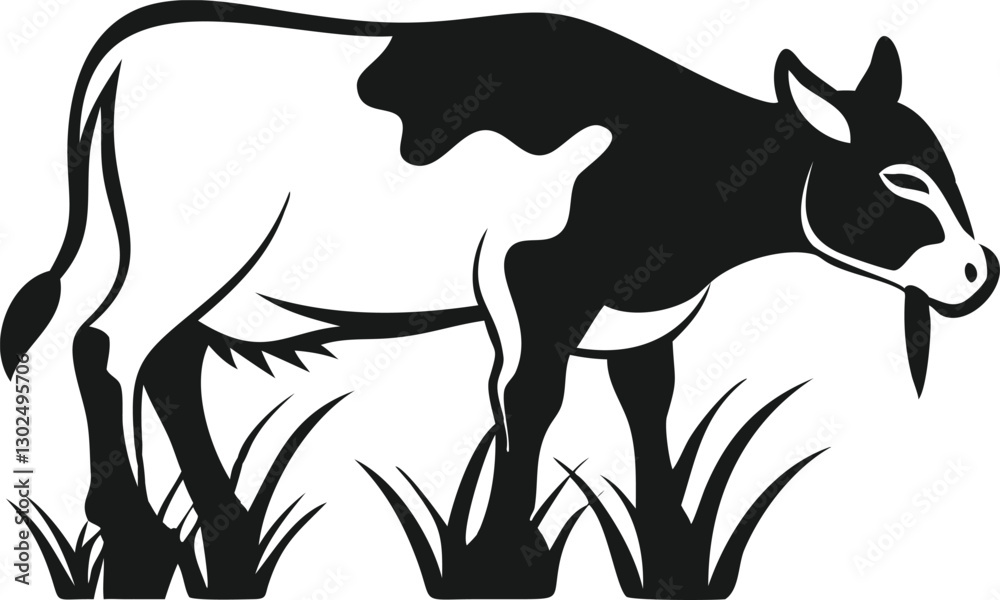 Fototapeta premium A simple, stylized silhouette of a cow with black and white markings, grazing in a grassy field.