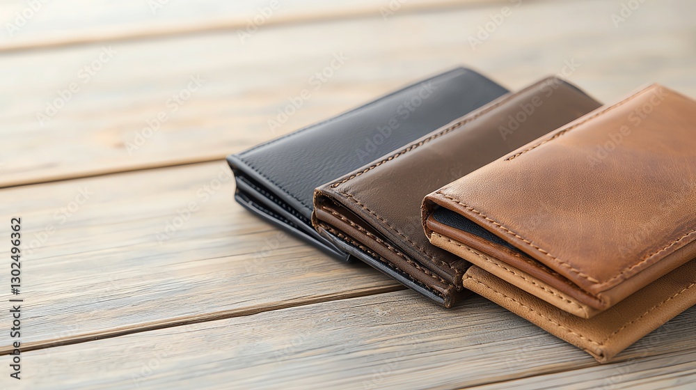 Three leather wallets in black, brown, and tan on wooden surface, showcasing style and craftsmanship. Three leather wallets in black, brown, and tan on wooden surface, showcasing style and craftsmanship.
