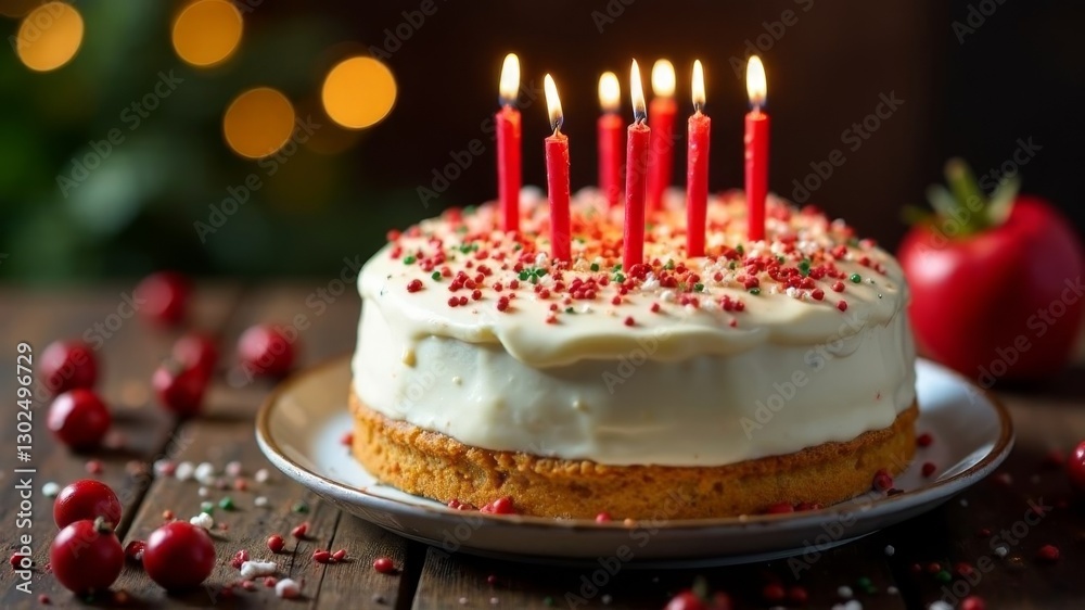 white cake with red candles on wooden table. white cake with red candles on wooden table.