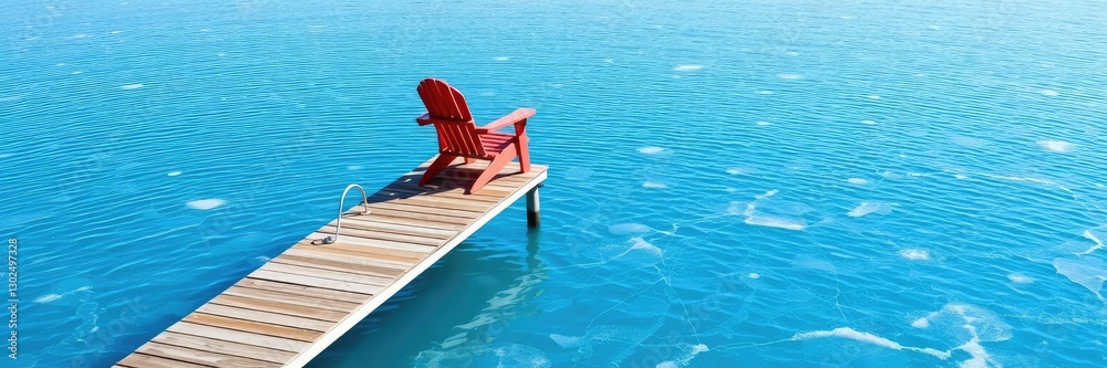 Fototapeta premium A solitary Adirondack chair in a vibrant red color sits alone on the edge of a small wooden dock, suspended above the calm surface of an icy-blue lake on a beautiful sunny day., peaceful, furniture