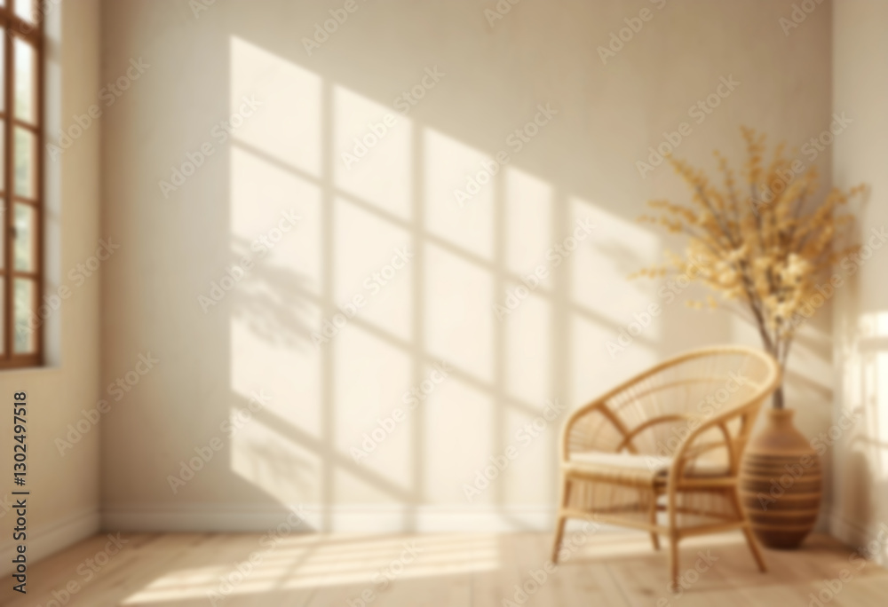 Fototapeta premium Blurred beige wall in a boho room with a wicker armchair and vase. Natural daylight from a window creates a warm, softly blurred promotion background.