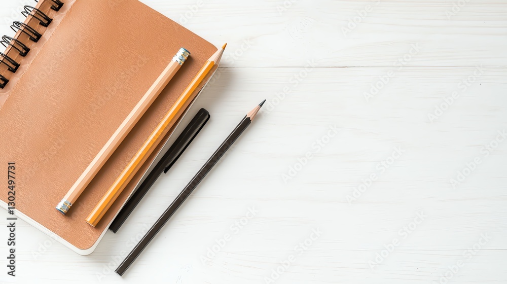 Top view of notepad with pencils and pen on white desk. Minimalist workspace with writing tools. Top view of notepad with pencils and pen on white desk. Minimalist workspace with writing tools.