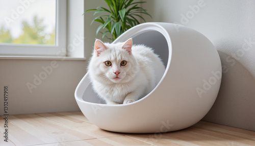 Fluffy white Persian cat in a high-tech litter box with odor control, modern pet care photo