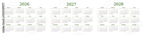 2026, 2027, 2028 calendar with week number. Text and font editable and replaceable. Vector template for business, schedule, organizer, and planner.

