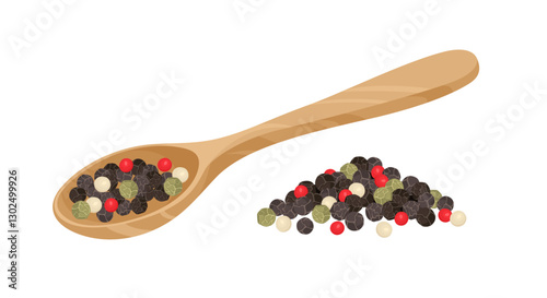 Mix of peppercorns in wooden spoon. Vector cartoon flat illustration. Spices icon.