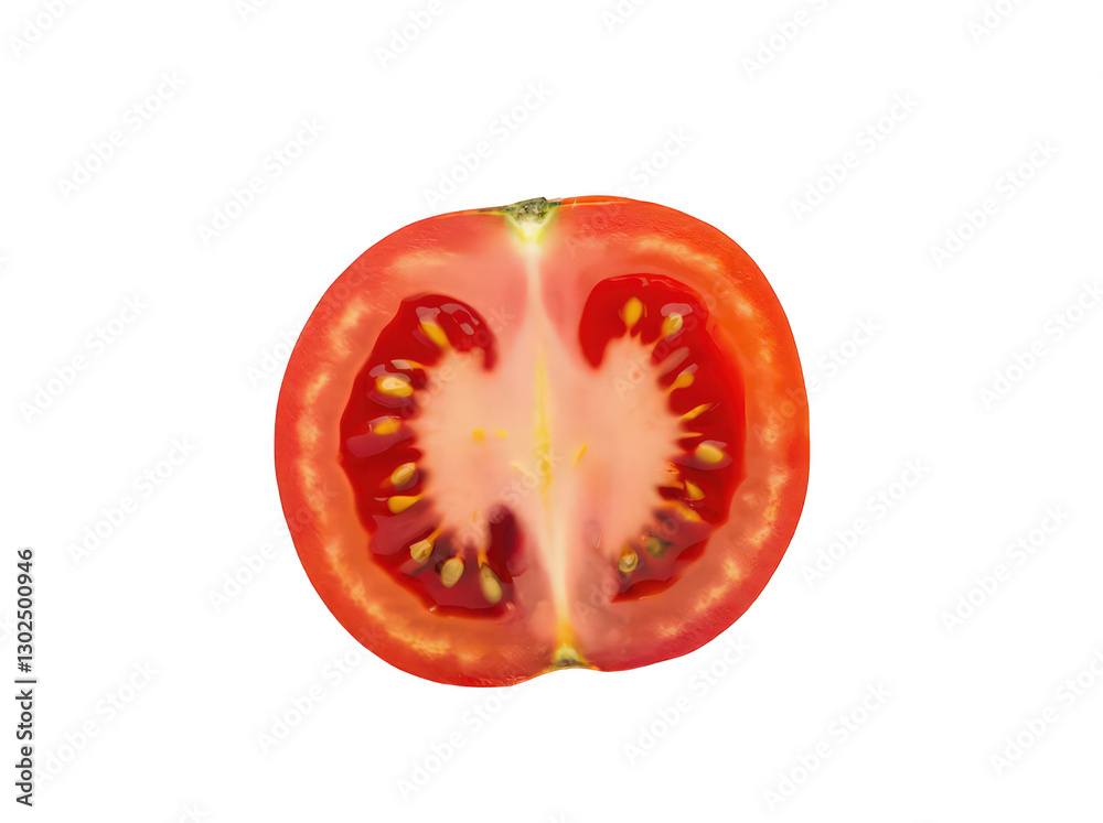 Fresh red tomato sliced in half, showcasing its juicy interior and seeds. Fresh red tomato sliced in half, showcasing its juicy interior and seeds.