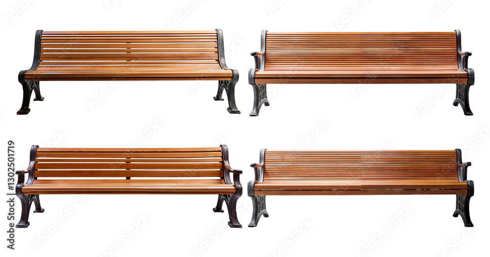Four Wooden Benches with Metal Legs in Different Angles and Styles, Bundle Set Collection, Isolated on Transparent Background Four Wooden Benches with Metal Legs in Different Angles and Styles, Bundle Set Collection, Isolated on Transparent Background