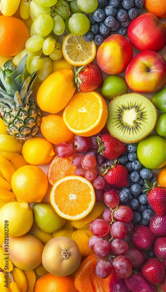 Vibrant artistic arrangement of fresh fruits creating a colorful background for visual appeal Vibrant artistic arrangement of fresh fruits creating a colorful background for visual appeal