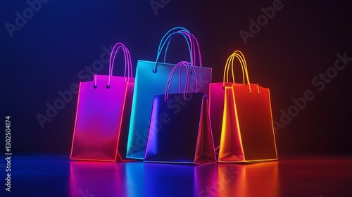 Neon Shopping: Shopping bags radiate with a luminous glow, creating a striking visual narrative. The vibrant colors evoke a sense of excitement and modern retail.