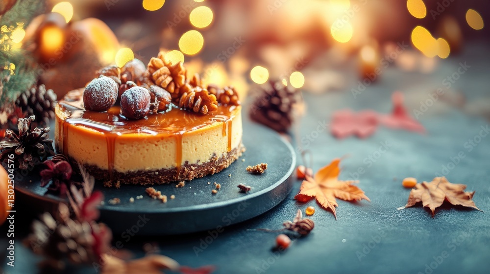 Delicious Autumn Dessert with Caramel and Nuts on a Decorative Table Delicious Autumn Dessert with Caramel and Nuts on a Decorative Table