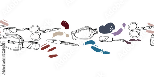 Manicure pedicure cuticle polish varnish lacquer splashes, nail file emery board, scissors. Isolated seamless banner, line vector sketch hand drawn in ink. Beauty parlor illustration, cosmetics shop