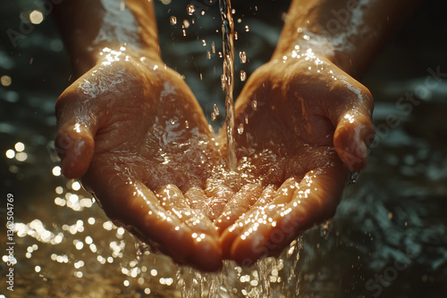 Water trickles from above into open hands, creating sparkling droplets against a softly lit backdrop during sunset. Generative AI photo