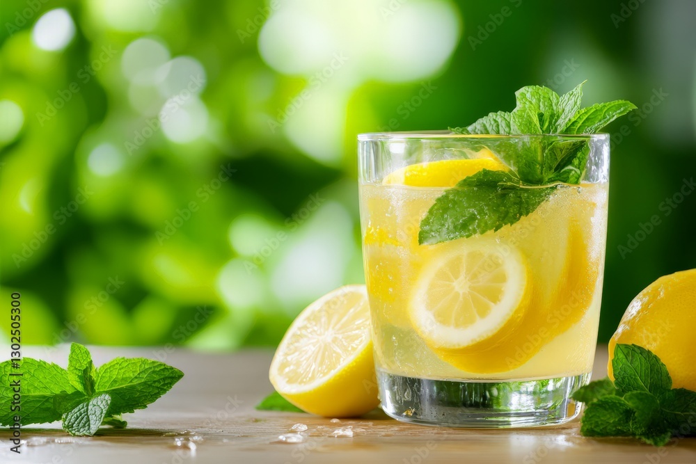 Fototapeta premium A refreshing spring drink with lemon slices and mint leaves, served in a glass with condensation.