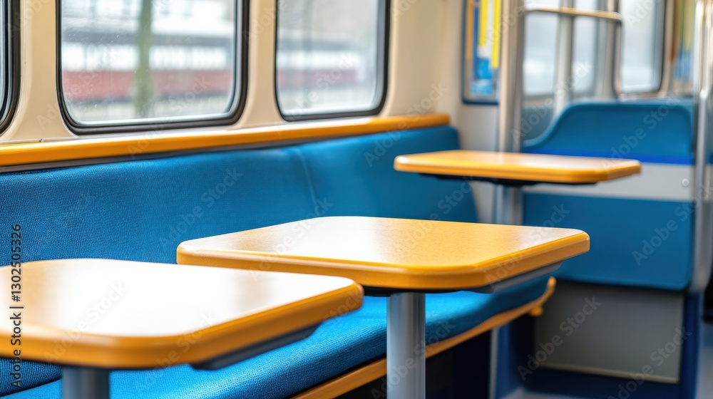 Fototapeta premium Cozy interior of a modern train carriage with blue seats and wooden tables