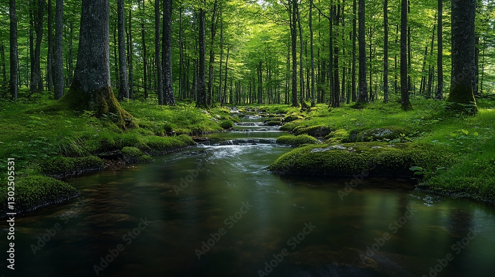 Serene forest stream flowing through lush green moss. Serene forest stream flowing through lush green moss.