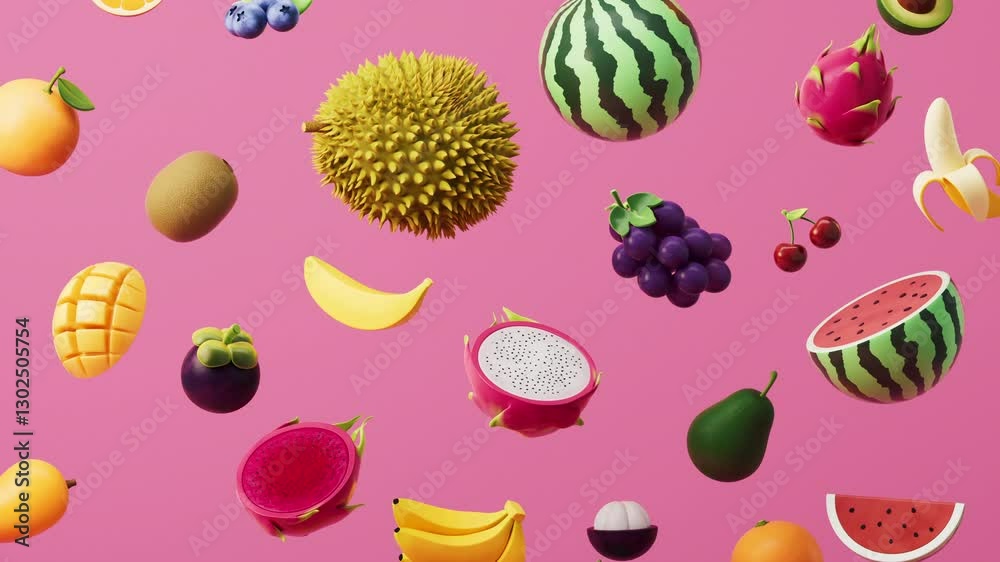 A variety of colorful fruits, rich in vitamins and nutrients, 3d rendering.