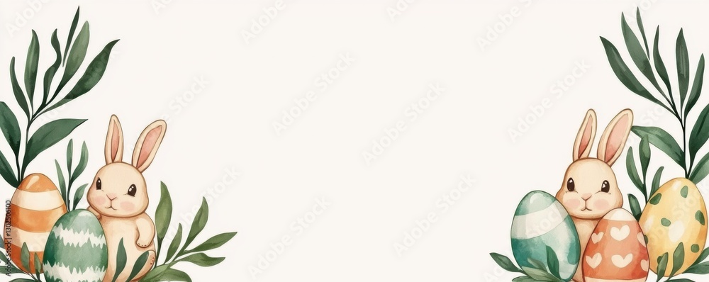 Fototapeta premium Pastel Easter Bunnies with Eggs and Leaves