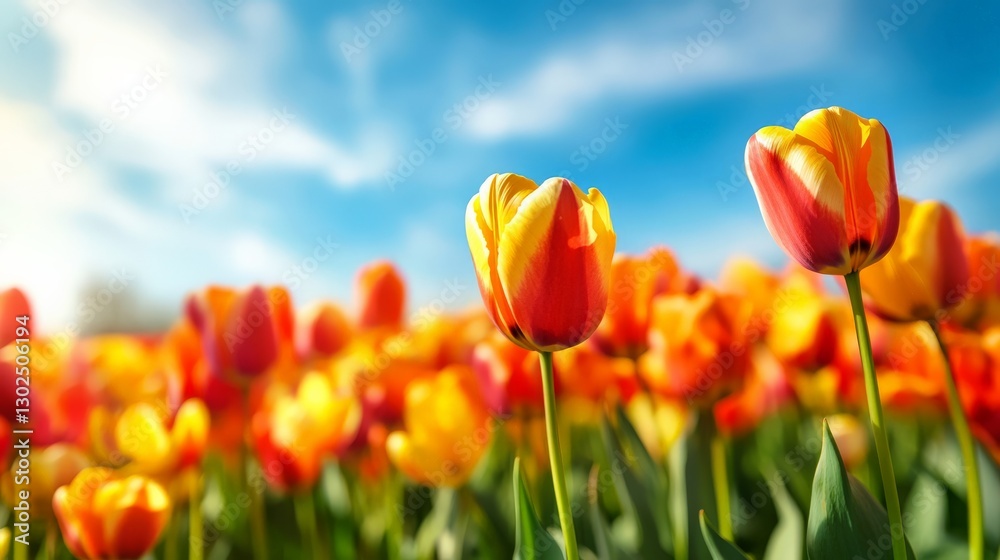 A vibrant tulip field in full bloom, stretching endlessly under a bright blue sky. A vibrant tulip field in full bloom, stretching endlessly under a bright blue sky.
