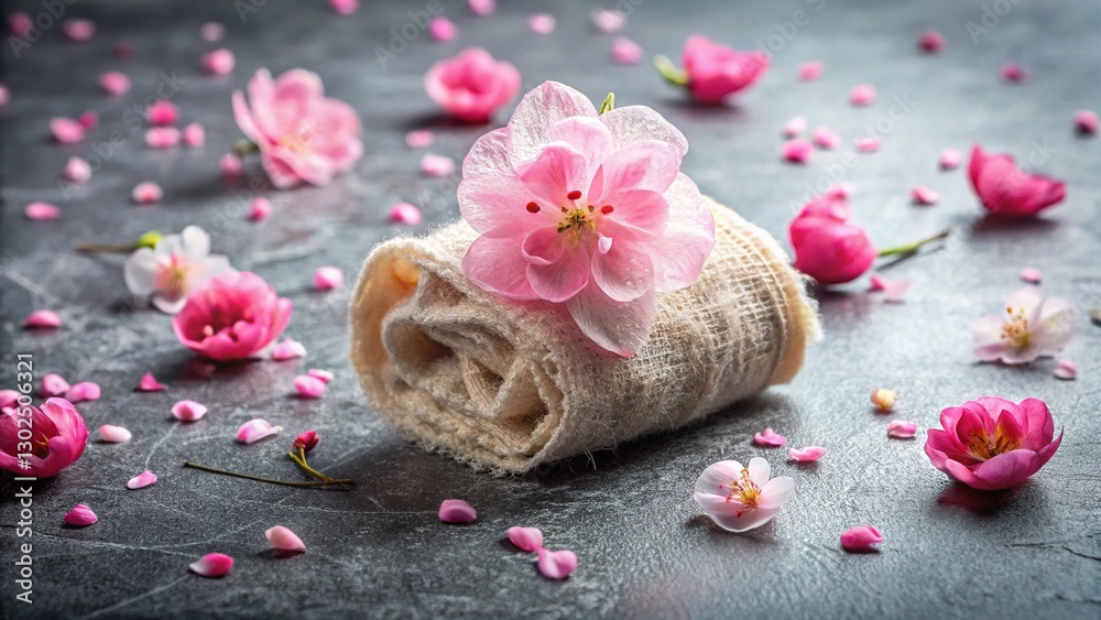 Loofah with Petals, Linen Fabric, Abstract Space, Graphite Gray, Cherry Blossom Pink Loofah with Petals, Linen Fabric, Abstract Space, Graphite Gray, Cherry Blossom Pink