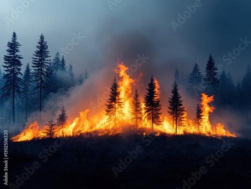 Intense forest fire engulfing trees with smoke and flames in a dramatic landscape