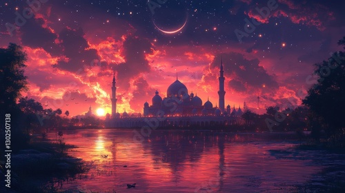 Serene sunset over a grand mosque reflected in a calm lake, under a crescent moon and starry sky.