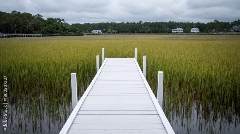 Fototapeta premium Serene Wooden Dock Leading Over Calm Waters to Lush Green Marsh Grassland