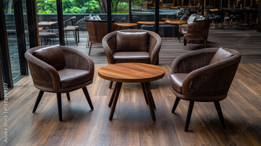 Fototapeta premium Cozy seating area with modern chairs and wooden table in stylish interior decor